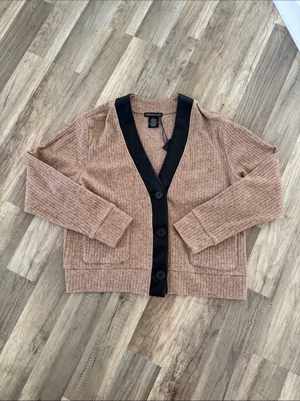 Contrasting Trim Ribbed Cardigan - Dusty Rose with Black Trim